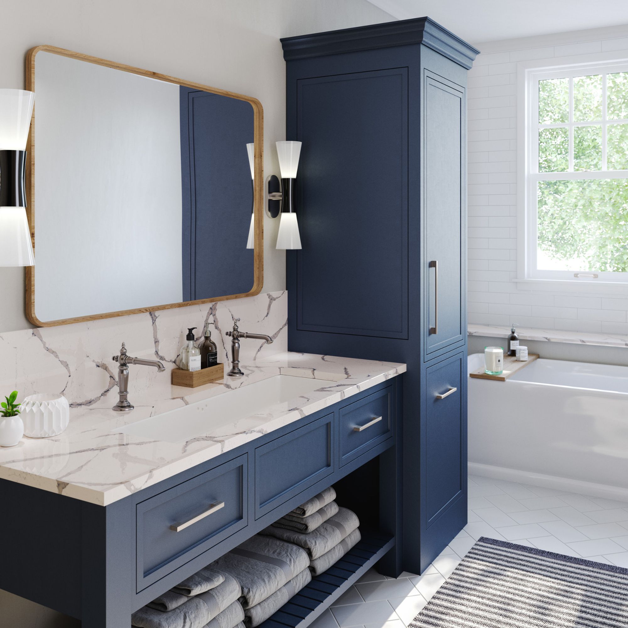Bathroom blue vanities | Floor to Ceiling Sycamore