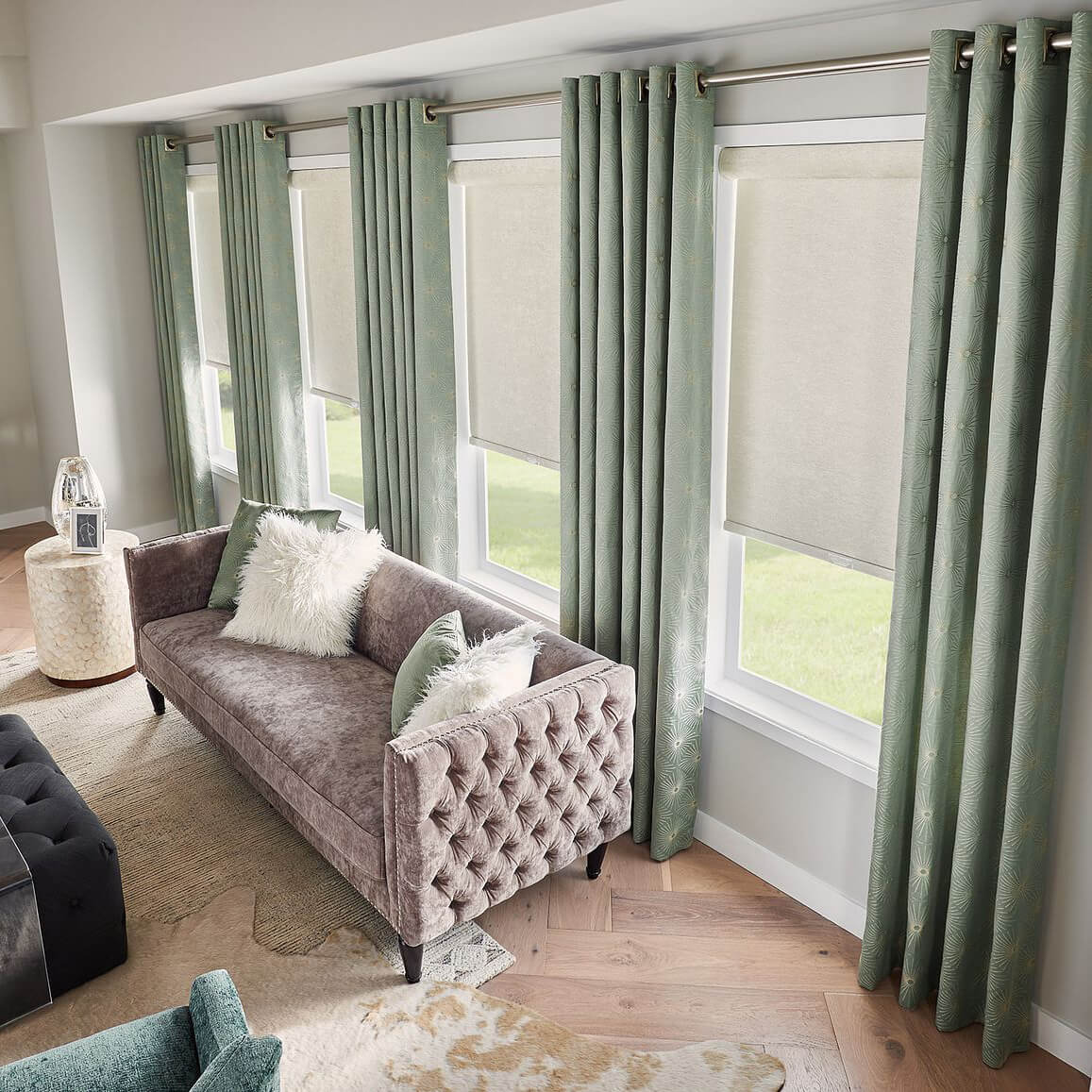 Window soft blinds with silk drapery | Floor to Ceiling Sycamore