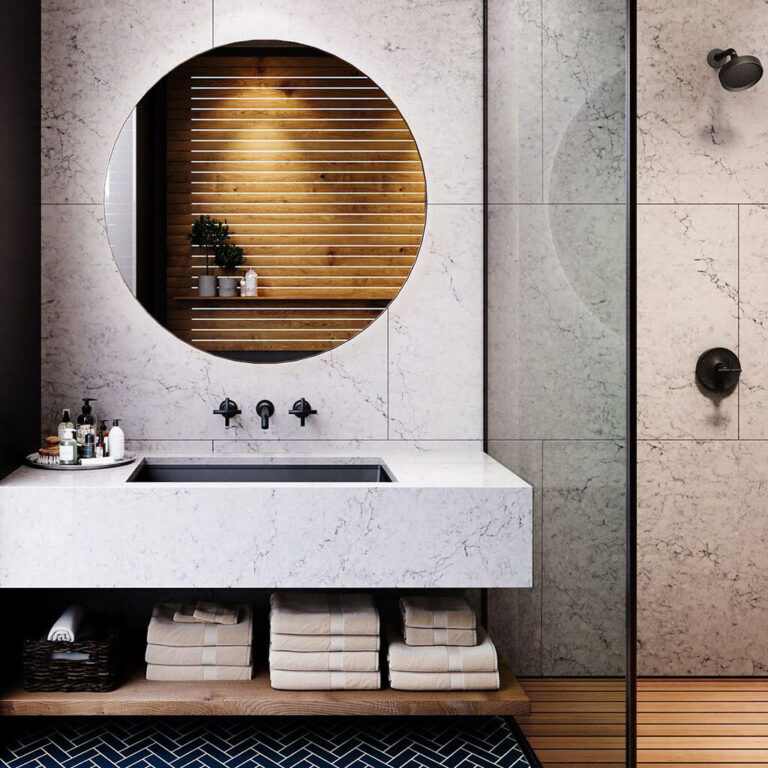 Chic modern bathroom with moody tones and floating custom vanity