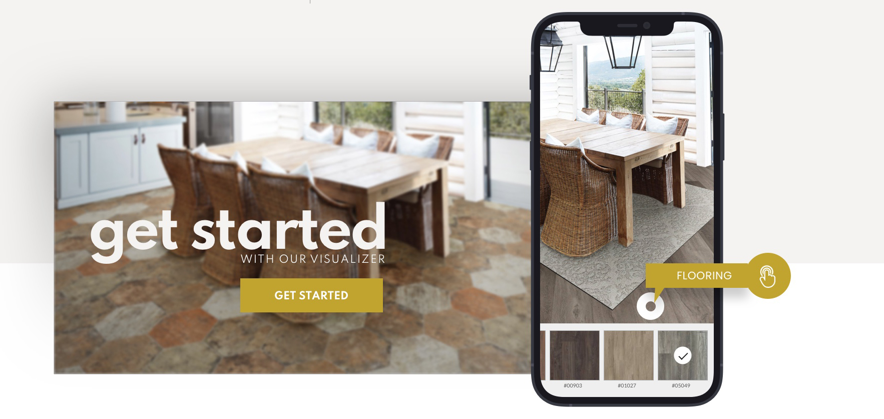 Roomvo ad showing a picture of a mobile phone using the Roomvo app to take a picture of a room with possible flooring that could look good in there.