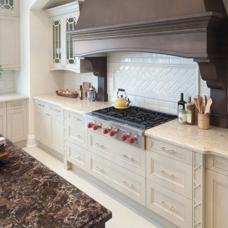 traditional kichen with two different granite kitchen countertops