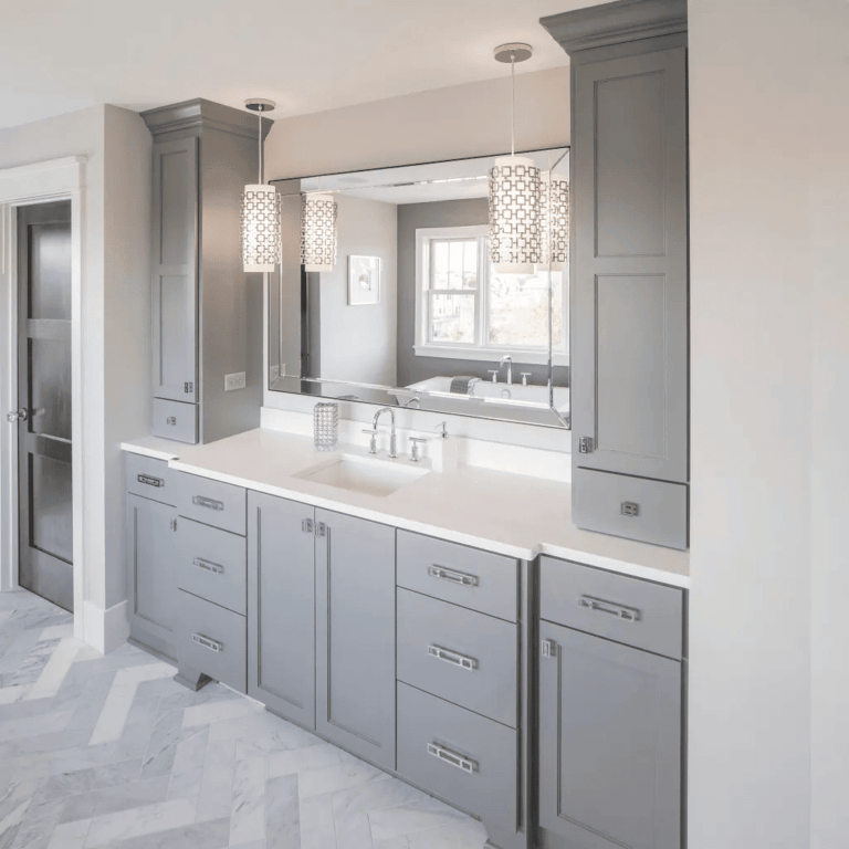 Custom grey bathroom vanity with side storage