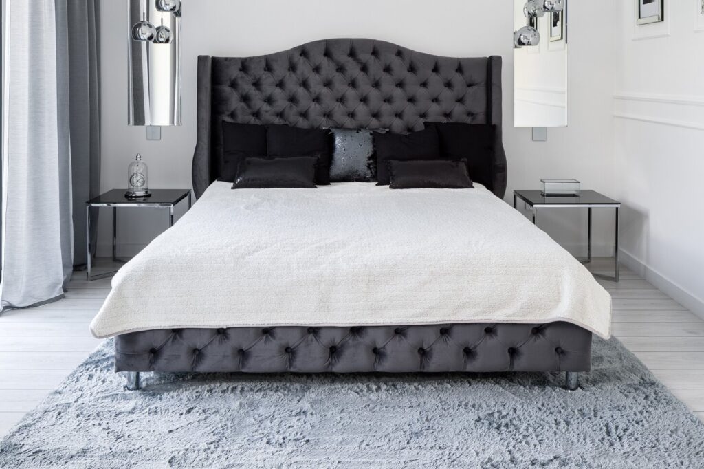 Plush grey rug in a glamourous bedroom