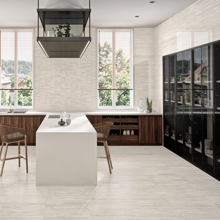 wood like white tile flooring in a contemporary dining room