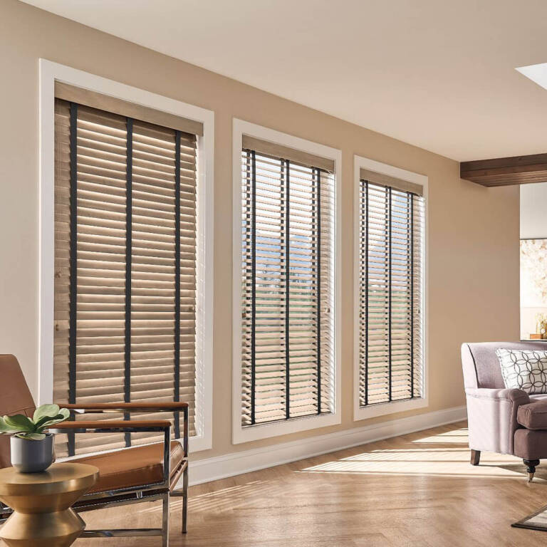Graber blinds shown on very tall windows and a door