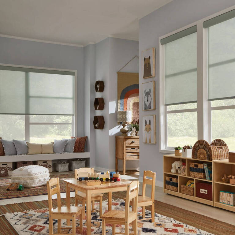 light green eco solar shades in a childrens playroom