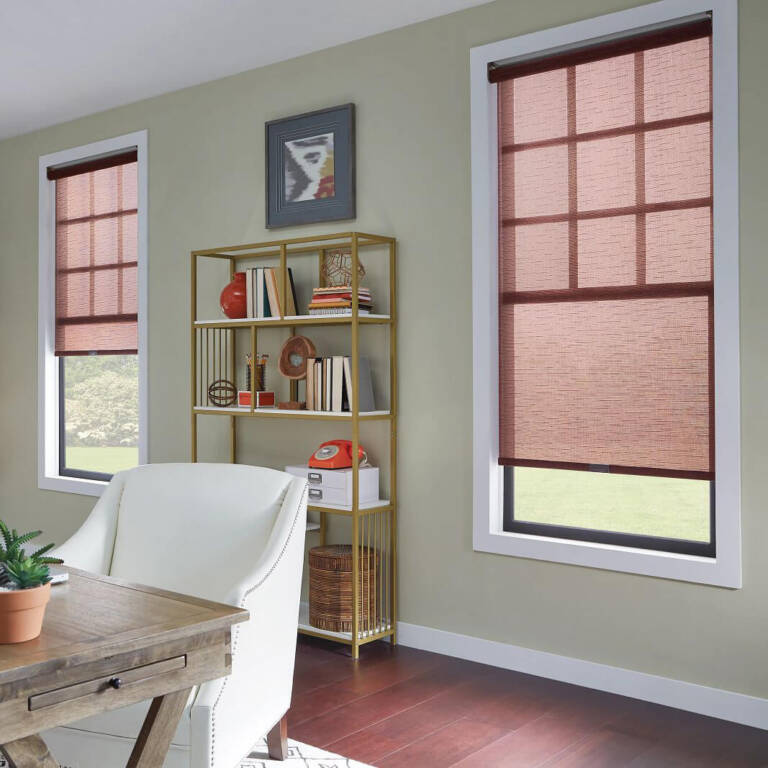 light red solar shades in a dining room
