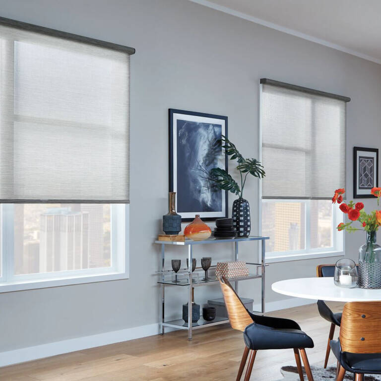 light grey window solar shades in a contemporary dining area