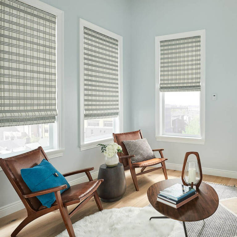 green window shades with stripes in a living room