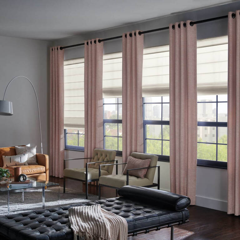 Gaber classic roman shades with custom drapery on the ends