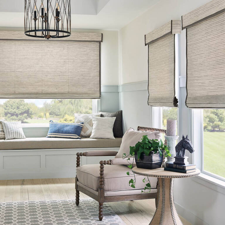 taupe window shades in a contemporary living room