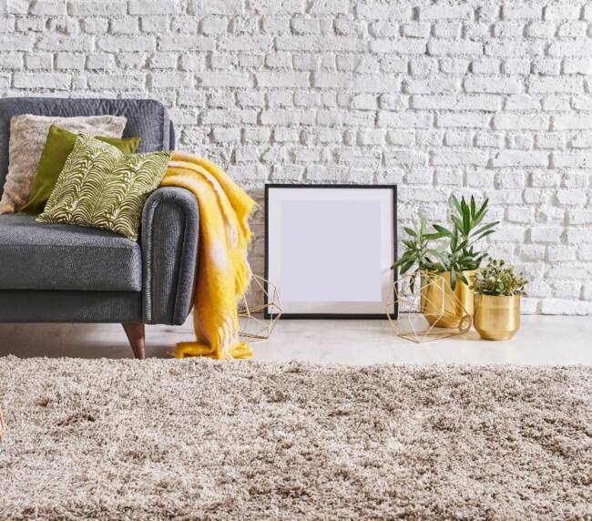 taupe shag area rug in a loft living room