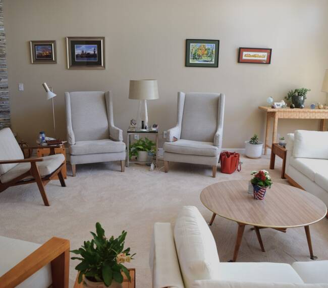 living room with Stone fireplace